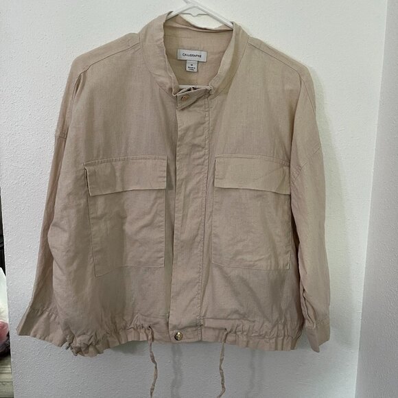 Calligraphie Womens Beige Linen Cropped Drawstring Waist Linen Blend Jacket M - Picture 1 of 6